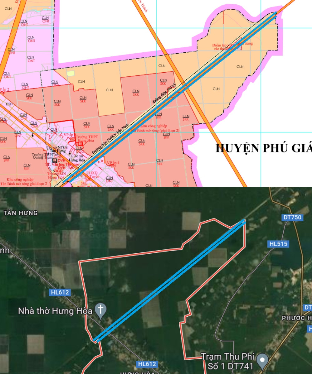 Tuyến đường cắt qua HL612 được quy hoạch trên bản đồ và từ vệ tinh Google